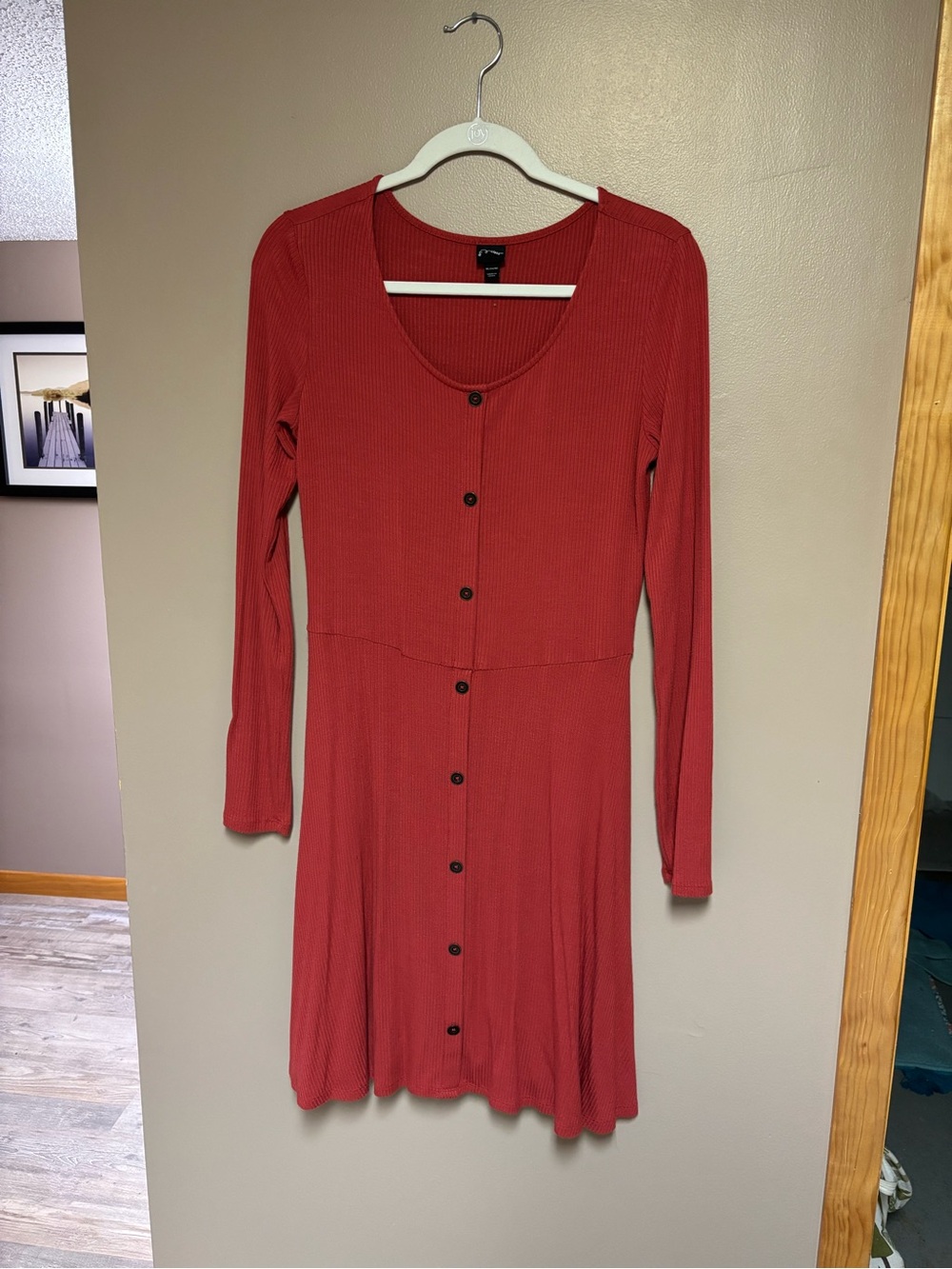 art class Ribbed Button-Front Long Sleeve Dress in Rust
